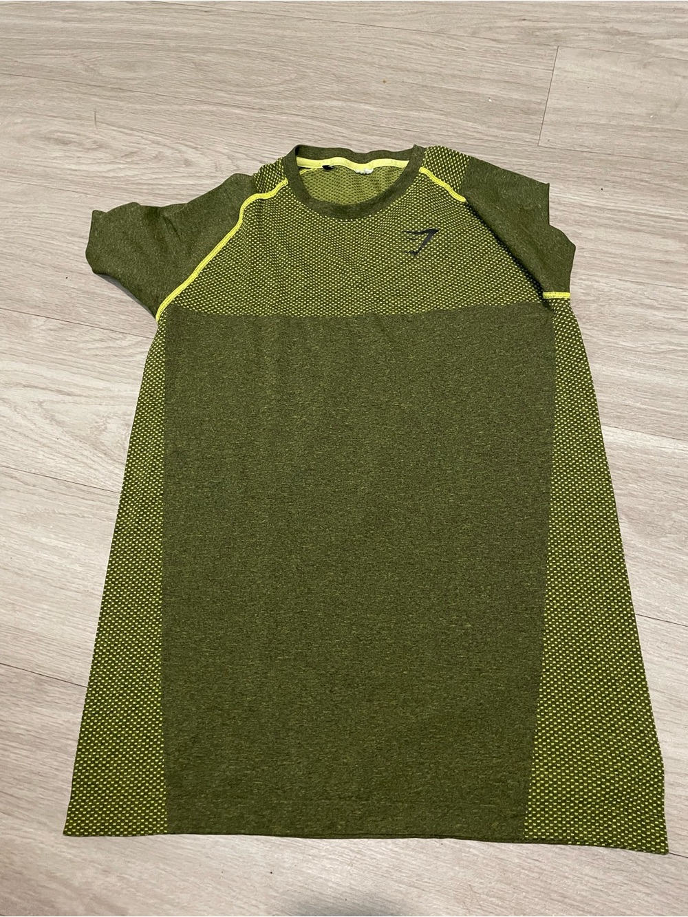 Gymshark Olive Green Short Sleeve Performance Tee with Neon Yellow Trim